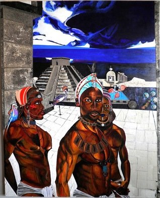 Dennis Duncan: 'NIGHT  IN TUNISIA', 2006 Acrylic Painting, Surrealism.      A Night in Tunisia a Charlie Parker jazz classic was my musical muse for this piece. Images I  photographed at the ODUNDE festival in 2004 here in Philadelphia Pennsylvania of a MASAI dance troupe inspired me to take a mystical journey, beginning in S. Africa and ending on an isle...