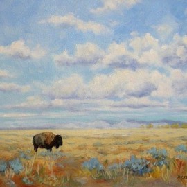 Debra Mickelson: 'Under a Big Sky', 2009 Oil Painting, Landscape. Artist Description:  landscape, Wyoming, mountains, plains, clouds, sky, bison, buffalo, animal, wildlife, oil painting, prairie        ...
