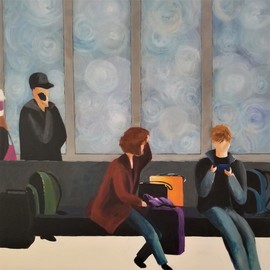 Denise Dalzell: 'delay', 2020 Acrylic Painting, People. Artist Description: An illustrated scene of a long delay at Heathrow , London  November 2019...