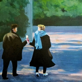Denise Dalzell: 'eventide', 2021 Acrylic Painting, People. Artist Description: A portrait of a couple sharind an early evening snack in a park, London 2018. ...