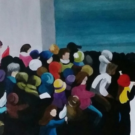 Denise Dalzell: 'nearby', 2018 Acrylic Painting, People. Artist Description: painting, nearby, illustration, expressionism, pop art, modern, realism, people, crowd, gate...