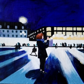 Denise Dalzell: 'outside st pancras', 2020 Acrylic Painting, People. Artist Description: A nighttime scene at San Pancras Station, London...