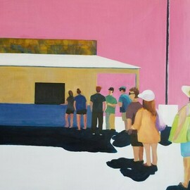Denise Dalzell: 'under a pink summer sky', 2022 Acrylic Painting, People. Artist Description: A memory from a lunch at the beach, Narragansett, Rhode Island, Summer 2019. ...