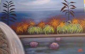 Denise Seyhun: 'garden view', 2017 Oil Painting, Botanical. Garden, poolside, lilies, waterfall, botanical...