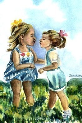 Deborah Paige Jackson: 'a kiss for a friend', 2000 Watercolor, Children. Children, girls, friendship, outdoors...