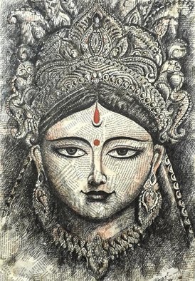 Parijat Dey: 'durga', 2018 Pen Drawing, Hindu. pen sketch on news paper collage...