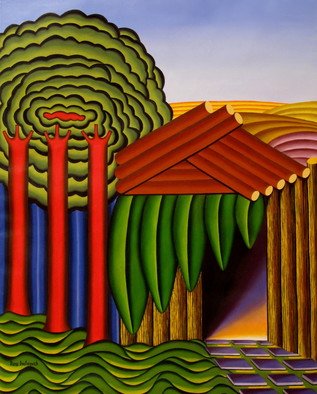 Diana Doctorovich: 'A paz do meu refugio', 2011 Oil Painting, Landscape.  folhas, arvore, casa, madeira         ...