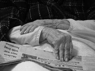 Dion Mcinnis: 'Aunt Elynors Hands', 2003 Black and White Photograph, Undecided. Senior' s hands reading newspaper with pending Iraq war headlines.  Print comes mounted on window mat board. ...