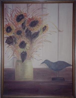 Dorothy Nuckolls: 'Sunflower Still life', 1994 Oil Painting, Still Life.  Peach, golds and browns. Two inch gold wood frame....