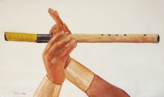 Dottie Mitchell: 'Handmade Flute', 2014 Watercolor, Mystical.   Tony Duncan makes all his own flutes.  This is a sample of Tony showing off his flute.  ...