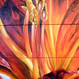 Donna Gallant: 'Fire Lily', 2011 Oil Painting, Floral. Artist Description:      Another piece from the artist's floral series.  Exploring and examming the internal aspects of a flower.  Sumbollic of one' s life, each piece are painted on smaller panels, then assumbled into one large piece and thus creating the whole.     ...