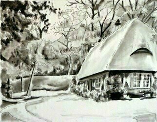 Donna Gallant: 'cottage', 2016 Charcoal Drawing, Landscape. A strong sense of fantasy is portrayed in this cute little country cottage. ...