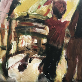 Bob Dornberg: 'red shirt', 2020 Oil Painting, Abstract Figurative. Artist Description: BOY PUSHING CART...