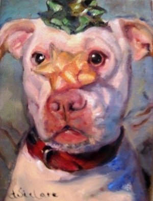 Dorothy Siclare: 'Party Animal Two', 2010 Oil Painting, Dogs.    pit bull, dog, mixed breed, white dog, dog with bows, dog with bows on his nose, white dog, party dog, portrait of dog, dog at a party    ...