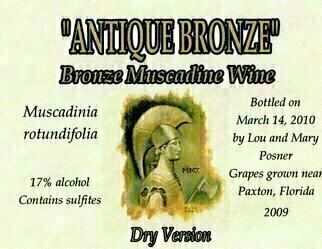 Lou Posner: 'Antique Bronze muscadine wine dry version label', 2010 Other Printmaking, Vintage. This is one extra label that was left over after bottling 16 bottles of Antique Bronze bronze muscadine wine on Mar.  14, 2010.  The label art is based on an oil painting on canvas board, signed and dated, by the artist.  The label design and layout is by Mary E.  ...