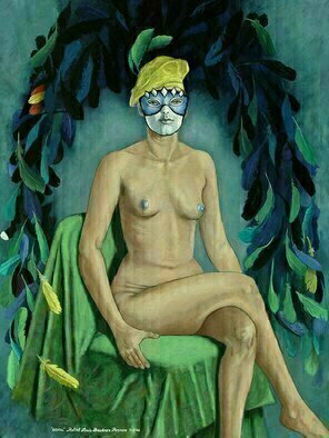 Lou Posner: 'Brasil', 2006 Oil Painting, Mask. My vision of an allegorical Brazil.  Feathers have always been a part of Brazilian indigenous culture.  I was also inspired by the colors and design of the Brazilian flag and the sensuality of Carnaval parades.  Eu creo que talvez eu estou em parte Brasileiro, Carioca, Amerioca...