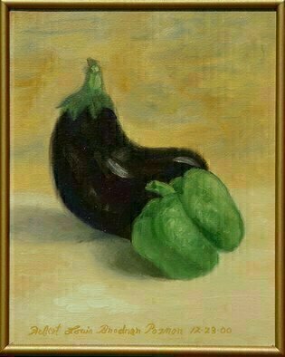 Lou Posner: 'Eggplant and Green Pepper', 2000 Oil Painting, Still Life. Vegetables in motion.  Oil on canvas board.  Custom frame is wood with gold tone. ...