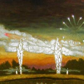 Lou Posner: 'Fourth of July Fireworks', 2001 Oil Painting, Americana. Artist Description: A local doctor used to put on a very large Fourth of July fireworks display at his farm for hundreds of local residents. ...