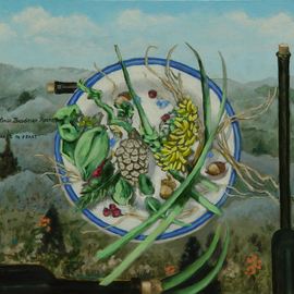 Lou Posner: 'From Forage to Feast', 2017 Oil Painting, Food. Artist Description: Local forage from Perry County, Indidna, melded with bottles of wine and olive oil against a landscape of the Blue Ridge Parkway near Asheville, North Carolina.  Oh, and a cutting board to prepare the meal.  ...