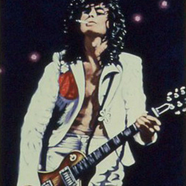 Lou Posner: 'Jimmy Page of Led Zeppelin', 1984 Oil Painting, Music. Artist Description:  The young man who clerked the pharmacy downstairs wanted a painting of Jimmy Page.  Private collection, New Haven, Connecticut. ...