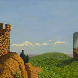 Lou Posner: 'Meriden Turret', 1982 Oil Painting, Fantasy. Artist Description: Somebody built this beautiful, real turret near Meriden on a hilltop accessible to the public.  I added a gigantic 9 16 in.  autho mechanic s socket, with the turret reflected in its polished surface.  That s why it is listed as afantasy painting.  Painted plein- aire.  Lattice- framed, ...