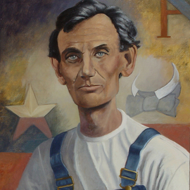 Lou Posner: 'Portrait of Abraham Lincoln in Bib Overalls', 2006 Oil Painting, Portrait. Artist Description: This painting, No. 13 in the bib overalls series, is available as an 8x10 color inkjet print on heavyweight matte paper from the Lincoln Boyhood Memorial at the Lincoln Ampitheater in Indiana.  Please contact Ann Vogel of the Committee at telephone ( 812) 544- 2033 for more details. The ...