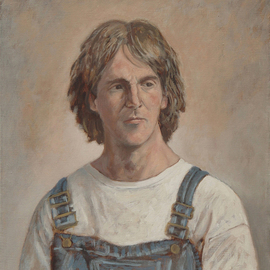 Lou Posner: 'Portrait of Blake Cook in Bib Overalls', 2006 Oil Painting, Portrait. Artist Description: No. 11 in the bib overalls and white T- shirt series begun in 1994.  Signed on June 27, 2006.  Blake is an artist, college art professor ( life drawing, painting) , a performance/ installation artist, gallery director, photographer, jazz afficionado, shower- meister. ...