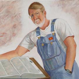 Lou Posner: 'Portrait of David Robbie Robinson in Bib Overalls', 2004 Oil Painting, Portrait. Artist Description: No. 9 in the bib overalls and white T- shirt series, begun in Perry County, Indiana, in 1994.  Signed on Aug. 11, 2004. This is the first in the series to employ a HORIZONTAL format and a light- colored background.  It is also the first in which the ...