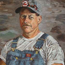 Lou Posner: 'Portrait of James Houston Smith in Bib Overalls', 1999 Oil Painting, Portrait. Artist Description:  No. 6 in the bib overalls and white T- shirt series. Retired overhead crane operator; high school volunteer ( weight- room coach; football team equipment manager; volleyball team bookkeeper) ; boater, outdoor grill chef, landscaper.  Signed on July 1, 1999. ...