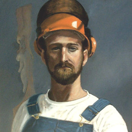 Lou Posner: 'Portrait of James Taylor in Bib Overalls', 1994 Oil Painting, Portrait. Artist Description: No. 2 in the white T- shirt and bib overalls series begun in 1994.  Signed on Aug. 17, 1994.  James ia a chainsaw carver as well as an artist in a number of other media, a trapper, hunter, tournament bass fisherman, craftsmen, guitar- player, and historical re- enactor. ...