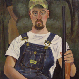 Lou Posner: 'Portrait of Jon Suhrheinrich in Bib Overalls', 2012 Oil Painting, Portrait. Artist Description:   # 16 in the bib overalls series.  One of the three best helpers on this 40- acre property that I ever had. An Eagle Scout, 4- H- er, hunter, fisherman, creative problem- solver. He is shown with his Remington 870 Express 12 guage shotgun. ...