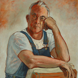 Lou Posner: 'Portrait of Klaus Rohrich in Bib Overalls', 2006 Oil Painting, Portrait. Artist Description: No. 12 in the bib overalls and white T- shirt series begun in 1994.  Signed on July 4, 2006.  Klaus is a Canadian, a businessman, political commentator, chef, hunter, fisherman, gardener, sculptor, cartoonist, graphic designer, photographer, cattle rancher, yachtsman and connoisseur of fine Scotches. ...