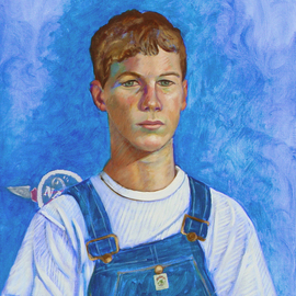 Lou Posner: 'Portrait of Levi Hilgenhold in Bib Overalls', 2008 Oil Painting, Portrait. Artist Description:  No. 14 in the bib overalls and white T- shirt series begun in 1994.  Levi, at age 13, is the youngest member of the series.  He is a space buff and Space Camp veteran who wants to eventually join NASA.  He is an active Boy Scout, 4- H- ...