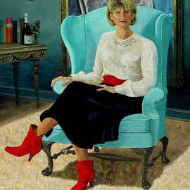 Lou Posner: 'Portrait of MP on Her 50th Birthday', 2000 Oil Painting, Portrait. Artist Description:    My wife wanted me to paint her on her 50th birthday.  I took Lady Agnew out of Sargent's portrait, leaving only the chair in the background painting on the wall; the comparison is intentional.  The room is invented.  The bookend is the one left after my freshman- ...