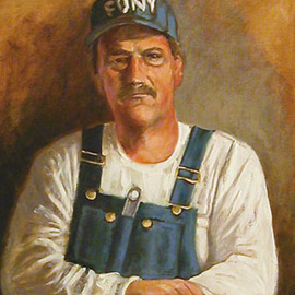 Lou Posner: 'Portrait of Mark LeClere in Bib Overalls', 2002 Oil Painting, Portrait. Artist Description: No. 8 in the bib overalls series begun in 1994.  Signed on Feb. 1, 2002. ...