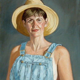 Lou Posner: 'Portrait of Mary  Posner in Bib Overalls', 1998 Oil Painting, Portrait. Artist Description: No. 5 in the bib overalls and white T- shirt series.  Signed on Sept. 7, 1998.  The only female in the series.  Clinical psychologist. The artist' s wife....