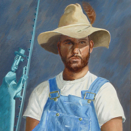 Lou Posner: 'Portrait of Peter Otfinoski in Bib Overalls', 1994 Oil Painting, Portrait. Artist Description:  No. 1 in the bib overalls and white T- shirt series.  Peter is a sculptor and painter and a memoirist.  His sculpture, Peeping Tom, appears in the background. ...