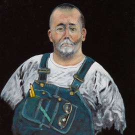 Lou Posner: 'Portrait of Randall Kleeman in Bib Overalls', 2012 Oil Painting, Portrait. Artist Description:  No. 17 in the bib overalls and white T- shirt series which was begun in 1994.  Signed on Aug. 1, 2012.  Randall is a construction manager and a master carpenter and woodworker presently proprietor of Tell City Wooden Boat, living out his last months morosely obese and occupying ...