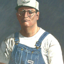 Lou Posner: 'Portrait of Terry Wagner in Bib Overalls', 1996 Oil Painting, Portrait. Artist Description: No. 3 in the bib overalls and white T- shirt series.  Signed on Feb. 13, 1996.  Football coach, woodshop teacher, friend, soupwalker....