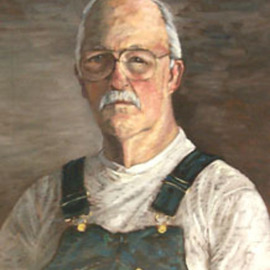 Lou Posner: 'Portrait of Tony Vestuto in Bib Overalls', 1999 Oil Painting, Portrait. Artist Description: No. 7 in the bib overalls and white T- shirt series begun in Perry County, Indiana, in 1994.  Signed Dec. 1, 1999.  Exhibited at the Indiana Heritage Arts exhibition in Brown County, Indiana, in 2000.  ...