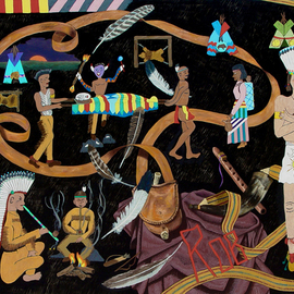 Lou Posner: 'Rob and the Indians II', 1996 Oil Painting, Indiginous. Artist Description: When I was 12 years old, my family moved from an apt. above our store to a duplex in a neighborhood of houses. I got my own bedroom. My mother painted the walls Indian broan and wanted me to do a mural about American Indians on the wall. ...