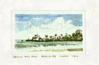 Lou Posner: 'Sheraton Beach Hotel Puerto Rico', 2010 Watercolor, Beach.  A beautiful day in Puerto Rico Watercolor and pencil on paper.  Some masking tape lines still visible. ...