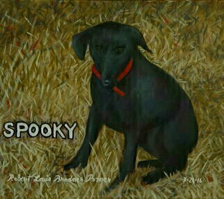 Lou Posner: 'Spooky', 2016 Oil Painting, Dogs. This adopted stray dog ran away and never returned to its owner.  He is my imaginarydoggie.  ...
