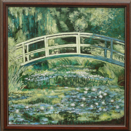 Lou Posner: 'Waterlilies and Japanese Bridge after Monet 1899', 1987 Oil Painting, Landscape. Artist Description: Provenance: commissioned by Theresa McClure; given to McClure by the artist gratis; given by McClure to Carol Ann Morrow; given by Morrow to Mildred C. Munchel; bequeathed ( 2008) by Mildred Munchel to Melanie Chacon of Indianapolis, Indiana.  Framed.  ...