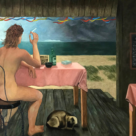 Lou Posner: 'the clam shack', 1984 Oil Painting, Sea Life. Artist Description: My all- time favorite model, Katherine Webster.  The increasing wind of the incoming storm is suggested by the flapping of the colored streamers and the pink tablecloths, the blown- around paper bag on the floor, the bent dune grass, and the modelaEURtms wind- whipped hair.  The violence ...
