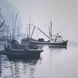 Ralph Eastland: 'Boats Unloading', 2013 Acrylic Painting, Boating. Artist Description:  A marinescape acrylic painting of seineboats unloading salmon at a cannery on the west coast of Canada. ...