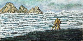 Richard Wynne: 'Get off the beach', 2009 Oil Painting, Seascape.  seascape water storm surf bad weather run representational people running rain beach hurry contemporary current work gloomy day cold subdued colors  ...