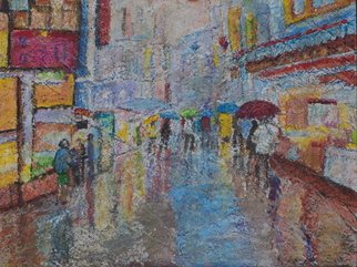Richard Wynne: 'Rainy day market', 2010 Other Painting, Cityscape.  mixed mediums on board_ street scene_ townscape_ urban scene_ rain ...