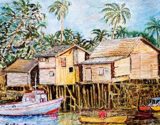 Richard Wynne: 'Thai Harbor', 2011 Oil Painting, Abstract Figurative.   mixed medium_ thai harbor_ landscape_ thai houses_ boats_ thai culture_ thailand ...