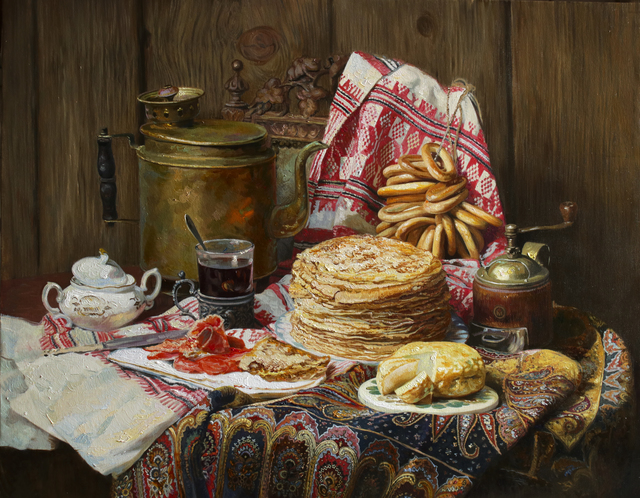 Artist Eduard Panov. 'Still Life With Pancake' Artwork Image, Created in 2017, Original Painting Oil. #art #artist